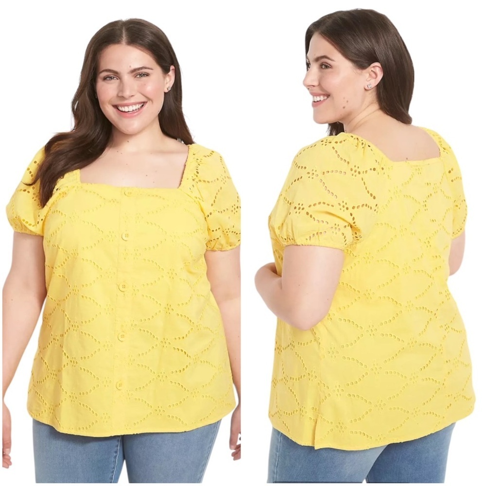 Lane Bryant 16 Yellow Eyelet 100% Cotton Square Neck Blouse Delicate Embroidered